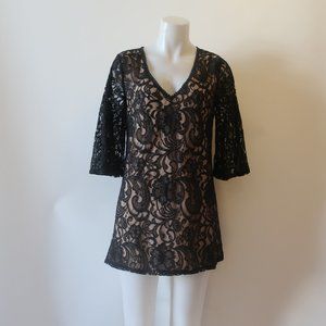 Womens Akaa Black Nude Lace V-Neck A-Line Shift Dress S *